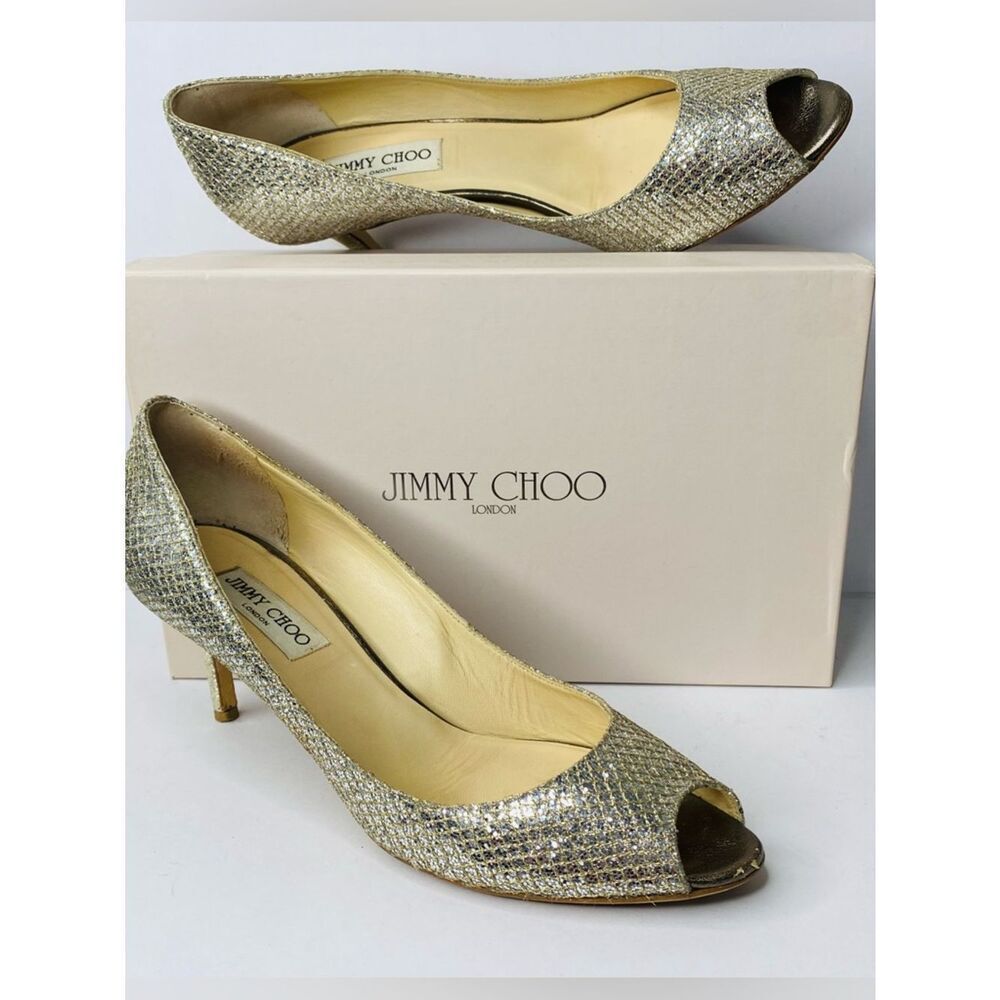Jimmy Choo “Isabel” Metallic Champagne Peep-Toe Pumps. Authentic. 2.5 inch heels